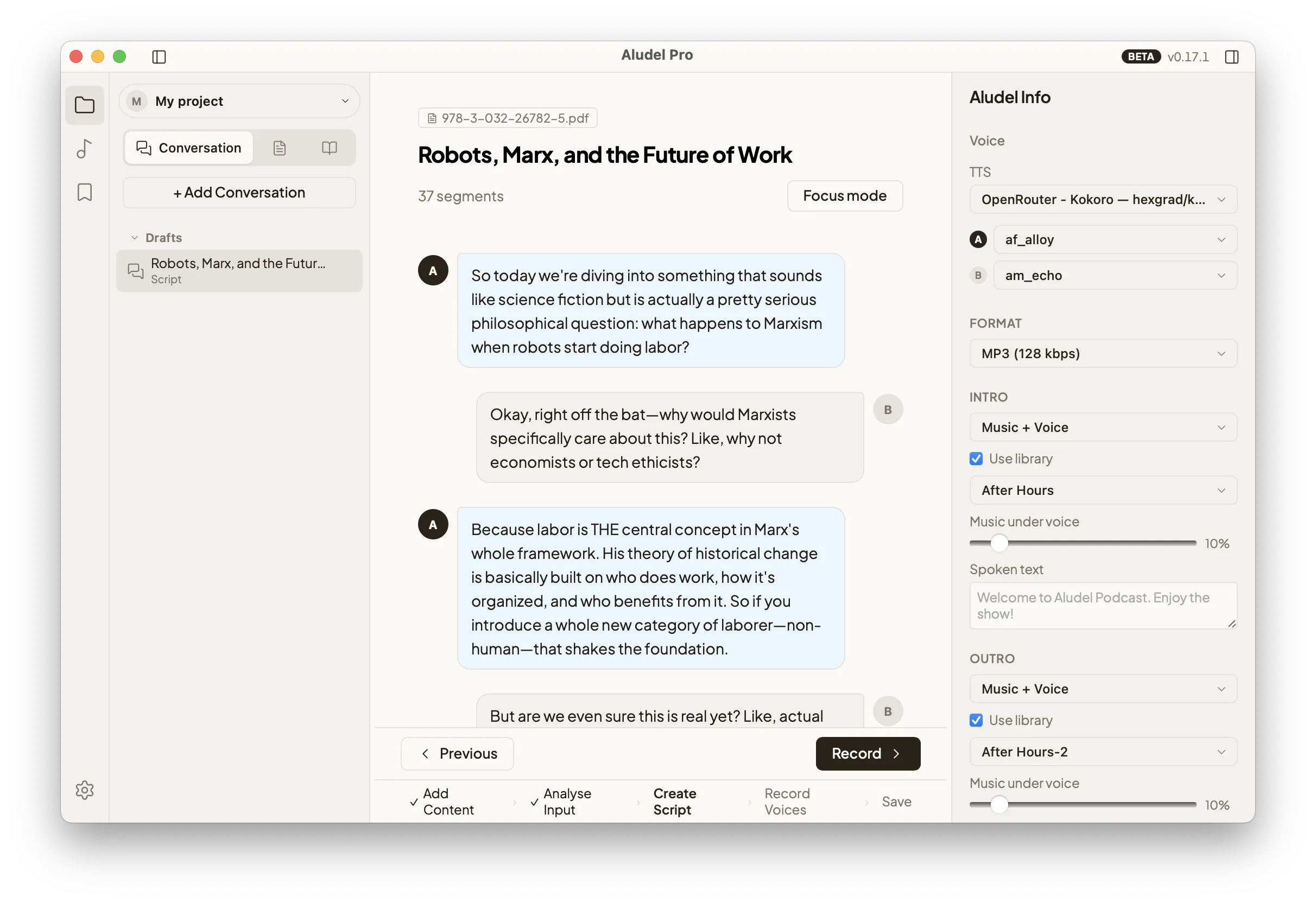 Editor dello script di Aludel con dialogo a due voci